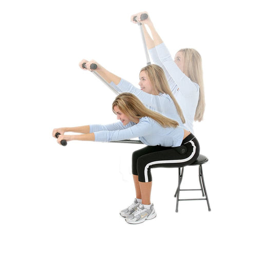 Woman in blue shirt using the CoreStretch