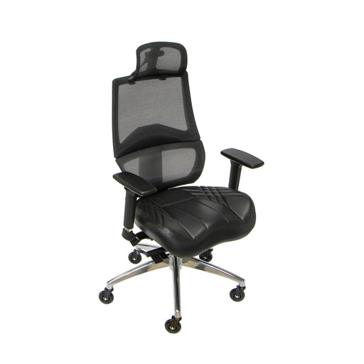 Scepter Gaming Chair in black faux leather with black casters.