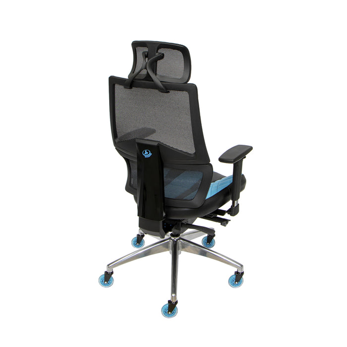 Scepter Gaming Chair in blue faux leather with blue casters.