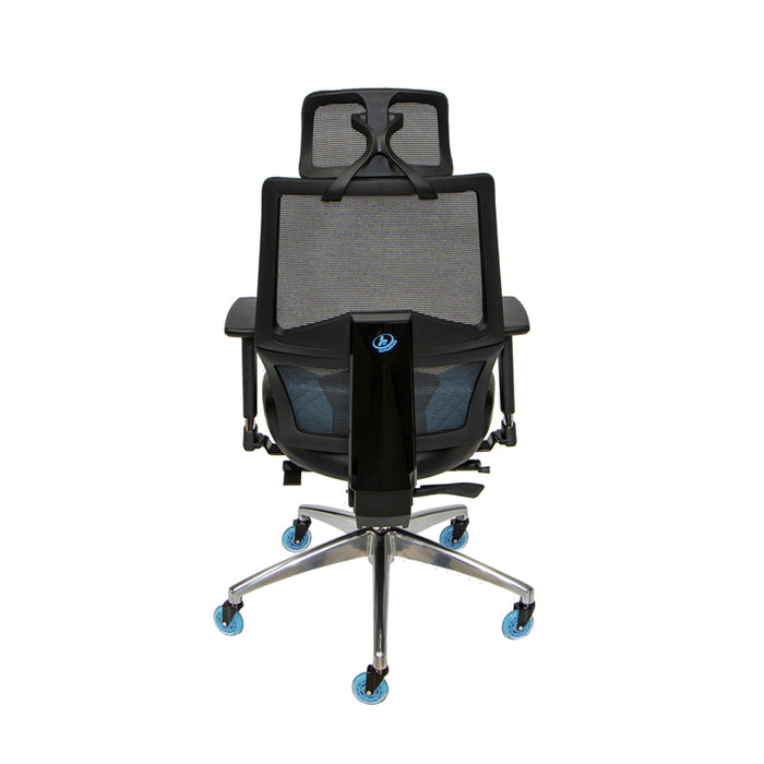 Scepter Gaming Chair in blue faux leather with blue casters.