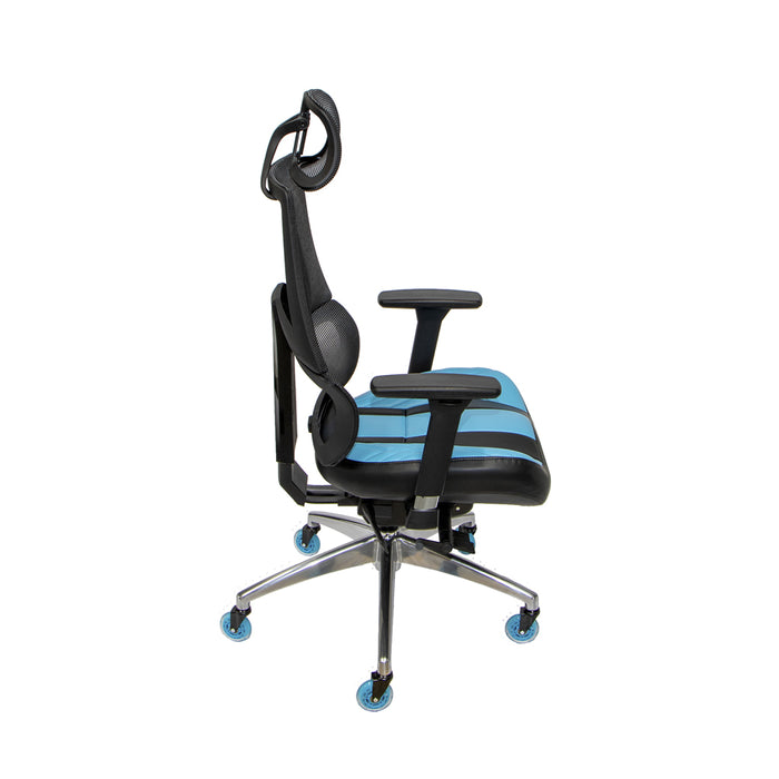 Scepter Gaming Chair in blue faux leather with blue casters.