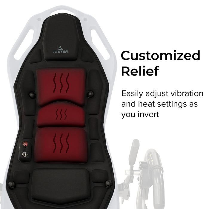 FitSpine Heat and Vibration Comfort Cushion by Teeter front view, black inversion table cushion, with text "Customized relief - Easily adjust vibration and heat settings as you invert"